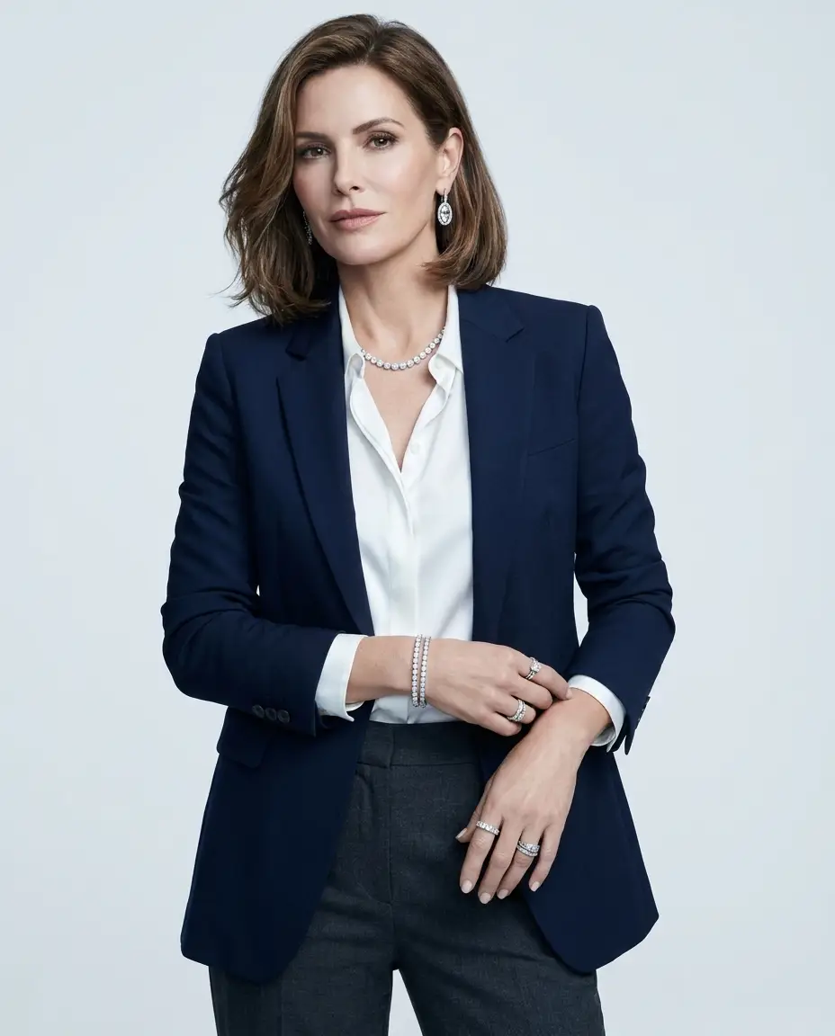 A female model styled in white gold diamond earrings, necklace, bracelets, and rings