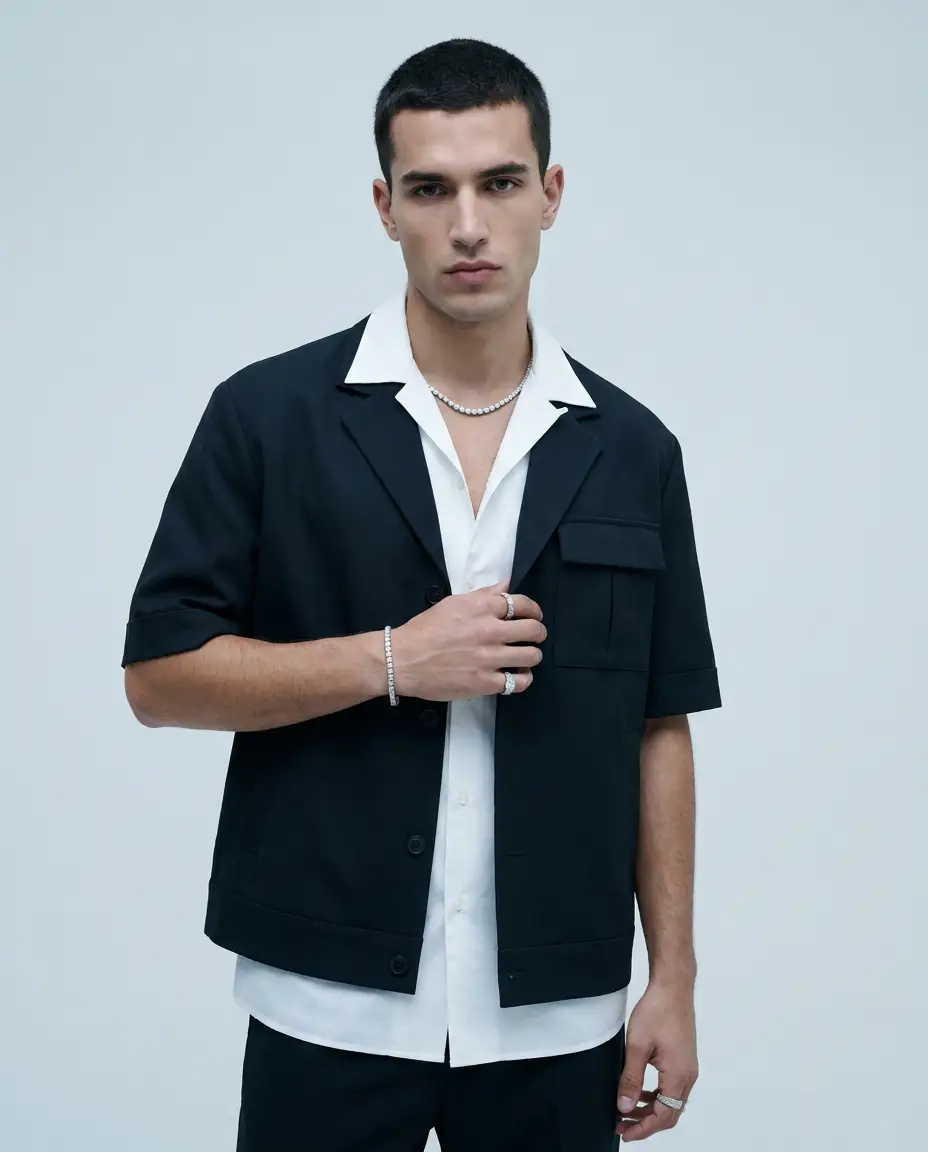 A male model styled in white gold diamond necklace, bracelet, and rings